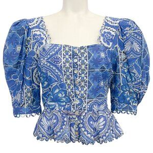 FARM Rio Blue and White Puff Sleeve Peplum Blouse